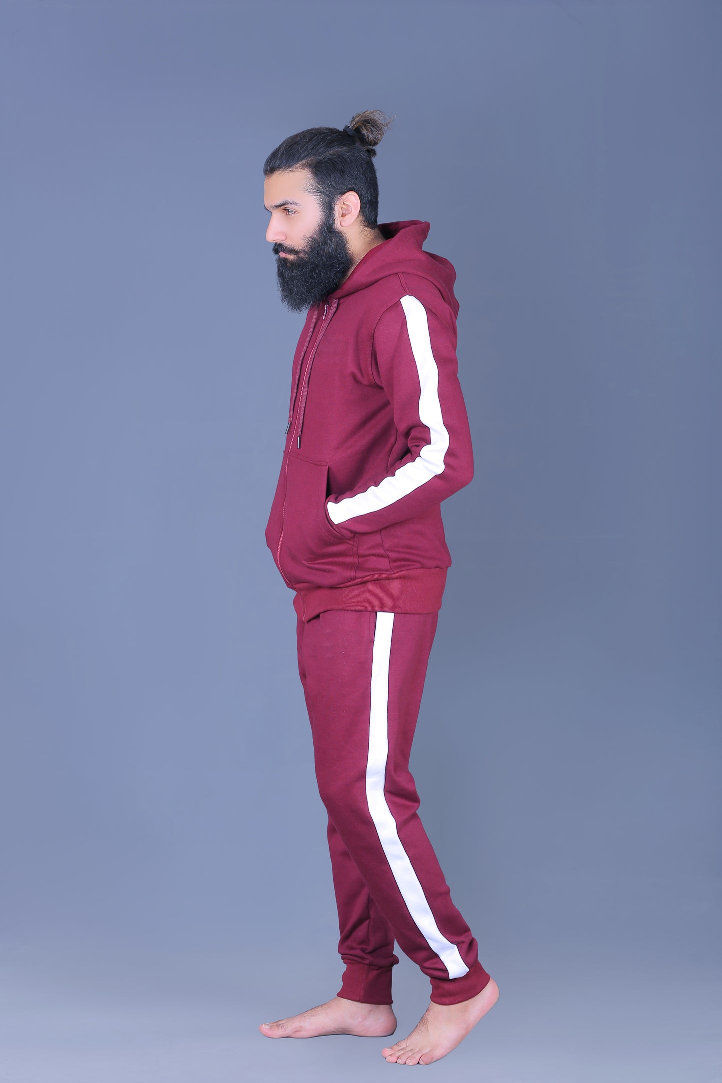 burgundy tracksuit with white side stripe