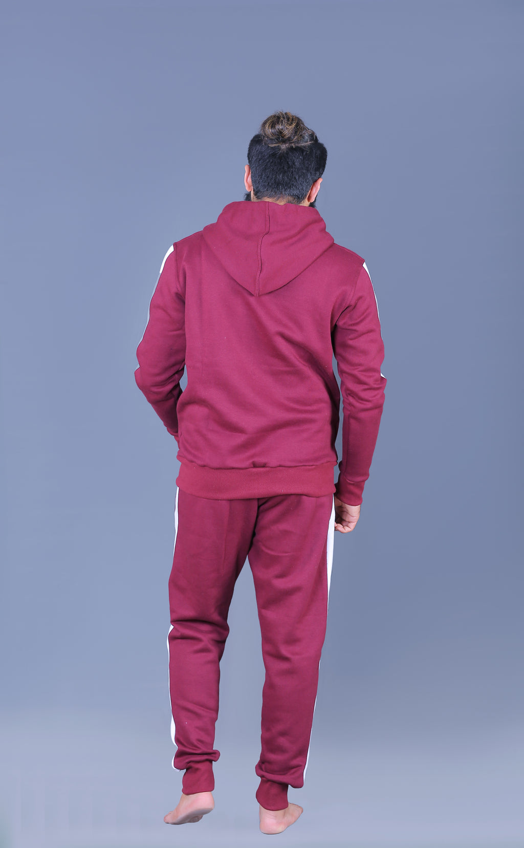 burgundy tracksuit with white side stripe