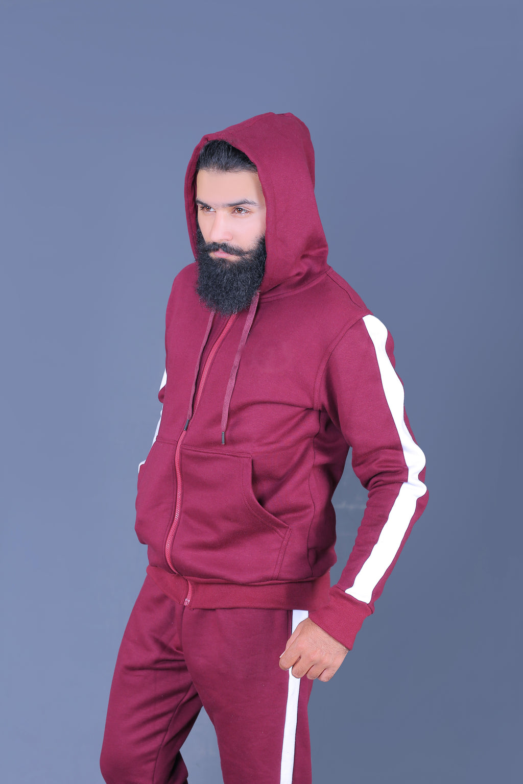 burgundy tracksuit with white side stripe