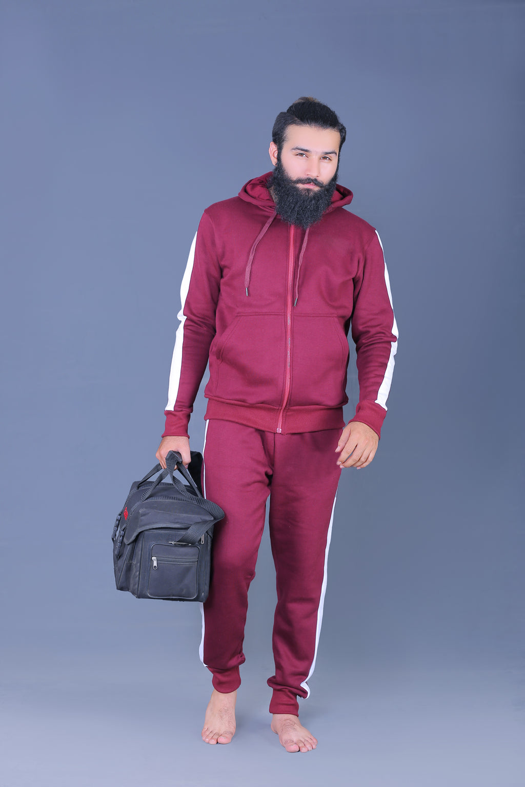 burgundy tracksuit with white side stripe